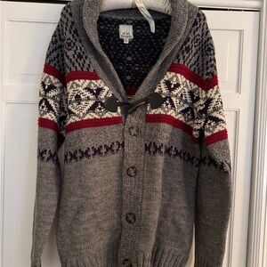 Mens Nordic Patterned Gray and Red Cardigan